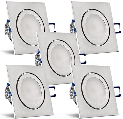 trendlights24 Mare LED Decken Einbaustrahler IP44 flach dimmbar 5W 5er Set | Edelstahl Optik gebürstet, eckig, ultra flach, Einbautiefe 35 mm, 230V, Spots, Neutralweiß, 4000k, Feuchtraum, Bad, außen