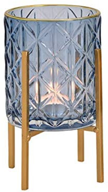 Windlicht aus Glas mit Muster auf Metall Fuß (blau Gold) Ø 9cm x Höhe 14cm – Teelichthalter Kerzenhalter