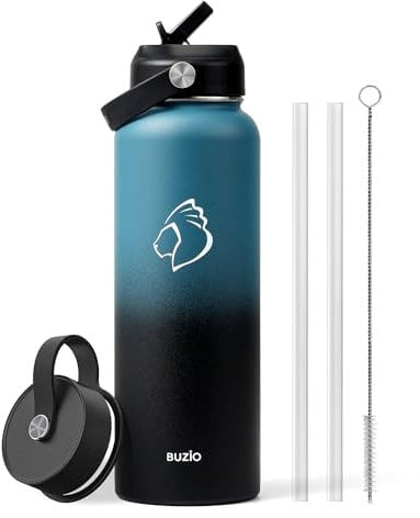 BUZIO Stainless Steel Water Bottle, 1180 ml Vacuum Insulated Water Bottle with Straw Lid and Flex Cap Cold for 48 Hrs, Hot for 24 Hrs Double Wall Wide Mouth BPA Free Leak Proof, Indigo Crush