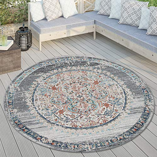 Paco Home Outdoor Teppich Rund, Balkon Wohnzimmer Küchenteppich Vintage Orientalisch Modern Pastell, versch. Farben, Grösse:Ø 160 cm Rund, Farbe:Grau
