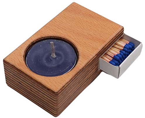 BUNBAN Natur Kerzenhalter Holz, 1-flammiger Teelichthalter, Streichholzschachtel Klemme, Sperrholz, 8,9 x 5,3 x 3 cm (Buche-Sperrholz)