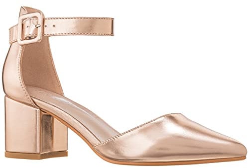 ILLUDE Women’s Heels Pointy Closed Toe Pump Ankle Strap Chunky Low Block Heels, Rose Gold Pu, 4.5 UK