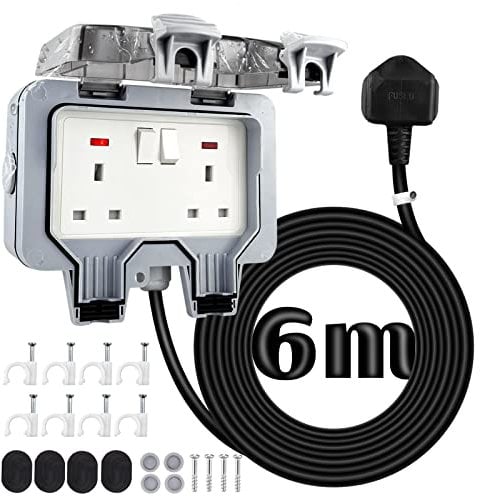 Outdoor Sockets Weatherproof with 6M/20FT Extension Cable, 2 Gang Extension Lead 6M Outdoor Socket Waterproof 13A IP66 Double Socket Outside Wall Electrical Switched Plug Sockets Box
