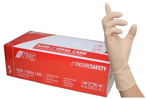 Nitras 8200-S IDEAL CARE Latex Einmalhandschuhe, Unsteril, Rollrand, Puderfrei, Natürlich, S Größe, 100 Stück