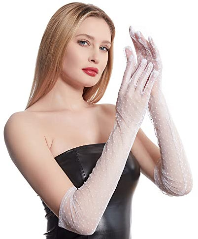 krautwear® Damen Handschuhe Spitze Mit Punkten Abendhandschuhe Braut Lang (1133-lang-weiss)