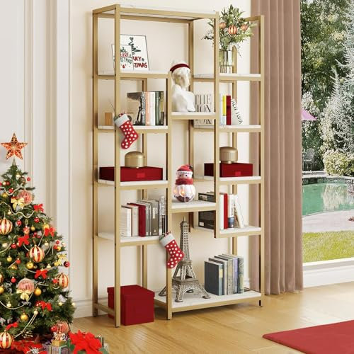 YITAHOME Bücherregal, Schwerlastregal mit 5 Ebenen, Aufbewahrungsschrank 30 x 100 x 180 cm, Bücherregal weiß für Büro, Wohnzimmer, Schlafzimmer, Golden und Weiß