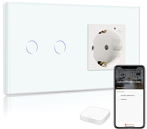 BSEED Smart ZigBee Lichtschalter mit Steckdose, Alexa ZigBee Steckdose mit Verbrauchsmessung, 2 Fach 1 Weg Wandschalter Kompatibel mit Alexa und Google Home Weiß (Tuya ZigBee Hub erforderlich)