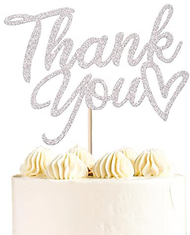 SYKYCTCY 1 Pack Thank You Cake Toppers Glitter Thank You Cake Picks Thanksgiving Day Cupcake Decorations Wedding Anniversary Birthday Party Supplies Silver
