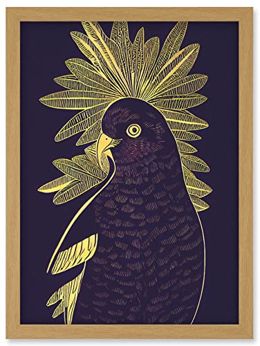Wee Blue Coo Detailed Stylish Dark Deep Purple Yellow Gold Parrot Tropical Plant Illustration Artwork Framed Wall Art Print A4