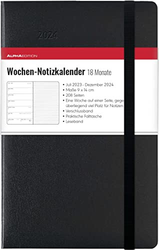 Wochen Notizkalender 18 Monate klein Black 2024 - Taschen-Kalender 9x14 cm - mit Verschlussband & Falttasche - Juli 2023 bis Dez 2024 - Weekly - 208 Seiten