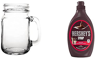 Olympia CE678 12x Handled Jam Jar Glasses 16oz 470ml Cocktail Beer Drinking Mugs & Hershey's Chocolate Syrup 680 g (Pack of 1)
