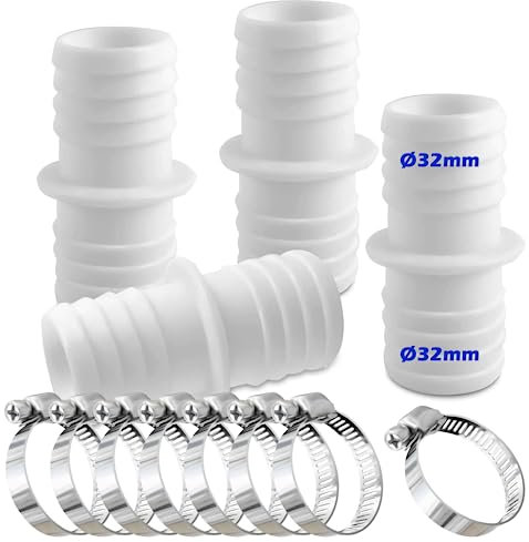 Rhsemi 4pcs Schlauchverbinder 32mm Set mit 8 Schlauchschellen-Poolschlauch Adapter-Schlauchadapter-Doppelschlauchtülle(Weiß)