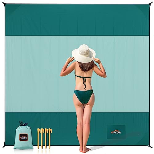 AnorTrek Sandfreie Stranddecke XL 200x200cm - Ultraleicht, Schnelltrocknend & Spritzwassergeschützt, Mehrzweck Campingdecke/Picknickmatte/Strandtuch mit Tragetasche & ABS-Heringen