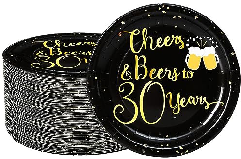 50Pcs 30th Birthday Plates 30th Birthday Party Supplies 730th Dessert Plate Cheers to 30 Years Cake Plates for Cheers & Beers Black Gold Theme 30th Birthday Anniversary Whiskey Party Decoration(30th)