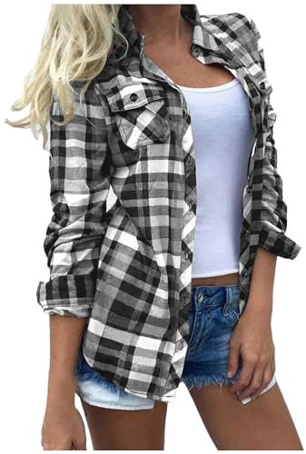 NSICBMNO Chemises à carreaux pour femme - Chemise de cowboy avec poches - Haut à manches longues - Chemise boutonnée pour femme - Chemisiers surdimensionnés pour petit ami - Cardigan ouvert sur le