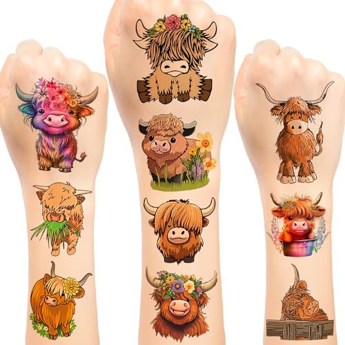 Lcnjscgo Highland Cow Temporäre Tattoos Highland Rinder Bauernhof Tier Geburtstag Party Gastgeschenke Dekorationen für Kind Baby Geschenke Klassenzimmer Schule Belohnungen