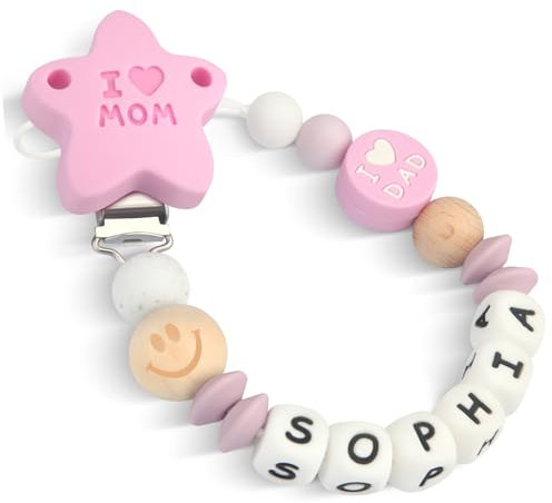 Yolnkos Schnullerkette mit Namen Jungen Mädchen Personalisiert Schnullerclip Mama Papa(Violett)