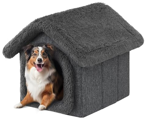 PillowPrim Haustierhütte Hundehaus Höhle Hundehütte Katzenhütte Hundehöhle Katzenhaus Hundekissen Katzenkissen Flauschiges Haus, Schwarz mit Grau, 46x52x53 cm