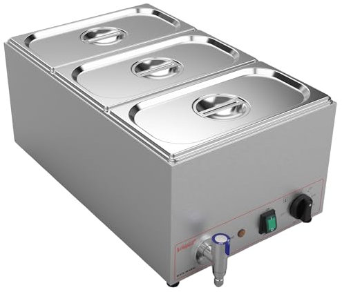 Valgus Commercial Scaldavivande a bagnomaria in acciaio inox 3 sezioni 16L Scaldavivande a bagnomaria elettrico con coperchio e rubinetto per feste, banchetti ed eventi di catering