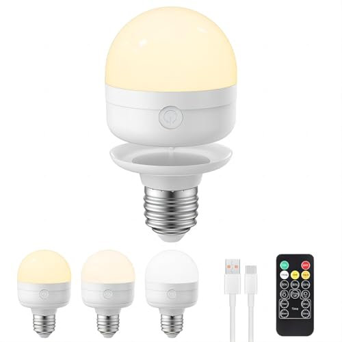 LGMCF E27 Screw LED Bulb Rechargeable, 3 Color Dimmable Light Bulb with Magnetic Base Detachable, 5W Portable Battery Powered Bulbs with Remote Control and Timer for Non Hardwired Lamps, Emergency