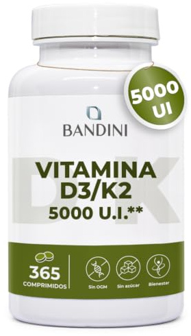 Bandini® Vitamina D3 K2 365 Comprimidos 30000 UI al mes, Vitamina D 5000 UI | 100 mcg K2, 99,7+% All-Trans K 2-MK7 + 5.000 U.I. Colecaciferol por tableta - Huesos, Dientes, Sistema inmunitario, Vegano