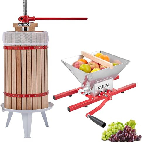 Arebos Obstpresse 12L & Obstmühle 7L| Manuelle Saftpresse I Beerenpresse inkl. Presstuch, Druckplatte und Metallspindel I Für jegliche Arten von Saft & Gemüse