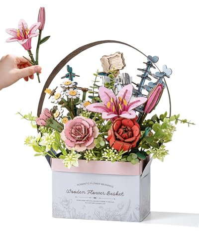 ROWOOD 3D Puzzle Wooden Flowers Age 14+ with Basket Artificial Flower Set Creative Model Kits for Adults to Build Home Decor Craft Gifts for Valentine’s Day Mother’s Day Christmas