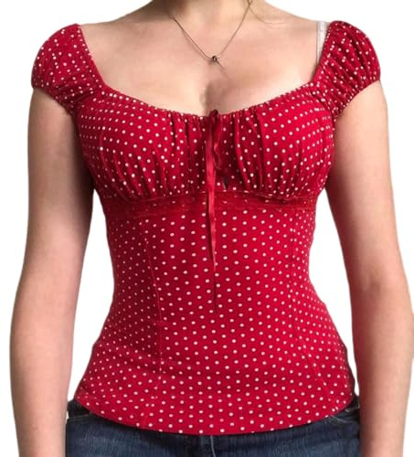 Womens E-Girls Short Sleeve T-Shirt Y2k Polka Dot Print Crop Tops Crewneck Fairy Grunge Tee Tops Aesthetic Summer Clothes