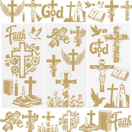 WANDIC 3 Bögen Golden Rub on Sticker, Kreuz Jesus Möbel Aufkleber, Europäischer Stil, Wasserdicht, Handarbeiten DIY-Kunsthandwerk Geschenke Party Dekor für Fotoalbum und Scrapbook, 15x30cm
