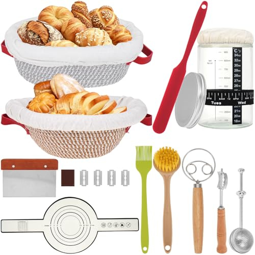 Sourdough Starter Kit Bread Making Kit with Banneton Proofing Basket Sourdough Starter Jar Dough Scraper Powder Sugar Shaker Bread Lame Cleaning Brush Baking Tools for Beginners and Home Bakers