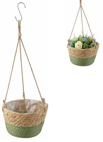 ZJXKJGS Hängender Pflanzkorb Aus Seegras, Blumentöpfe Hängende, Hängender Pflanzerkorb, Blumenampel Hängend Innen, für Sukkulenten, Kakteen, Kräuter im Innen und Außenbereich (Green)