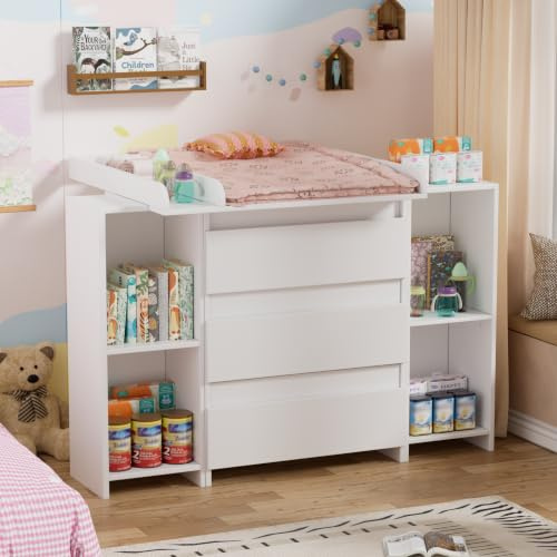 Table a Langer Bebe, 2 et 1 Commode avec Amovible Plan à langer, Compacte Enfant Meuble Tables à Langer avec 3 Tiroirs et 6 Ouverts, Convient pour une Chambre d'enfant,73x70x78cm/113x32x70cm, Blanc