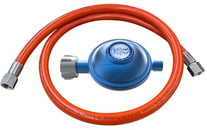 CAMPLUX GE100A Gasdruckregler 50mbar mit 80 cm Schlauch, W21,8 × 1/14 LH auf G1/4-LH, 1,7 kg/h Durchflussleistung, Gasregler für Gasgrill, Kocher und Heizgeräte