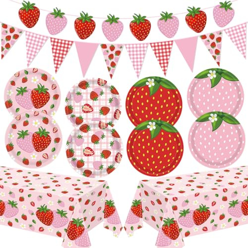 Juego de vajilla para Fiesta de 1.º cumpleaños con temática de Fresas, 44 Piezas: Plato de 18 cm, Mantel «Berry Sweet» de 130 x 218 cm, Pancarta para niñas, artículos para Baby Shower con Frutas