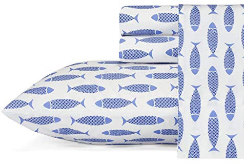Nautica - Set di lenzuola per letto matrimoniale, biancheria da letto in cotone percalle, decorazione per la casa a tema costiero (Woodblock Fish, motivo pesci, blu, matrimoniale)