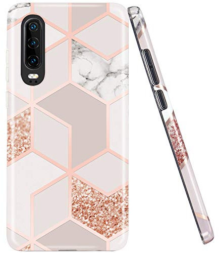 JAHOLAN Huawei P30 Hülle Handyhülle TPU Silikon Weiche Schlank Schutzhülle Handytasche Flexibel Case Handy Hülle für Huawei P30 - Marmor Bling Glitter Sparkle Gold