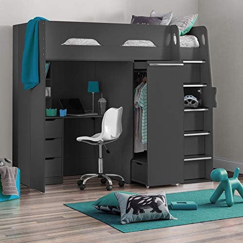 happybeds High Sleeper Storage Bed, Pegasus Anthracite Wood Modern Desk Wardrobe Drawers Cupboards Loft Bunk Frame - 3ft Single (90 x 190 cm) with Memory Foam Mattress Included