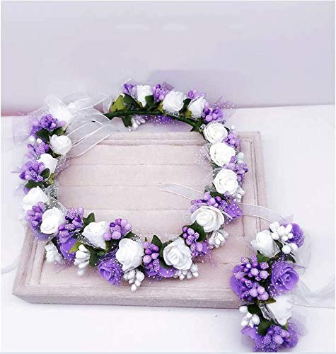 Blumenkranz Haare und Arm, Haarschmuck Hochzeit Blumenstirnband Blumenkrone mit Armband für Strand Hochzeit Braut Fotografie Party Muttertag (Lila Weiße Blume)