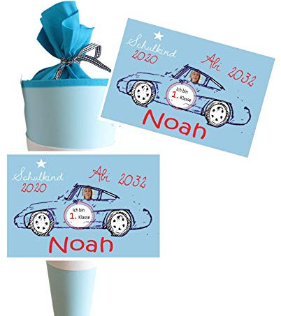 Schultüte Jungen personalisiert & Bild - Zuckertüte Jungs mit Auto - Zuckertuete groß 70 cm - Geschenk Einschulung