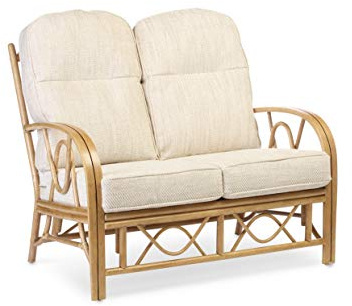 Desser Bali 2 Seater Conservatory Sofa – Fully Assembled Luxury Real Cane Rattan Indoor Furniture with UK Made Cushions Jasper Fabric – Light Oak Finish – Settee: H108cm x W112cm x D90cm