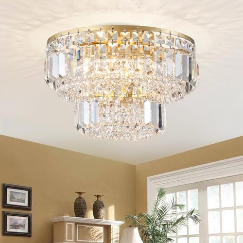 BESTIER Moderne Gold Kristall Einbauleuchte Kronleuchter Beleuchtung LED Deckenleuchte Leuchte Lampe für Esszimmer Badezimmer Schlafzimmer Wohnzimmer 4 G9 Glühbirnen erforderlich D33 x H24