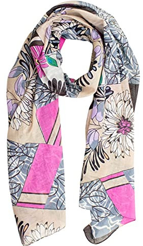Sunsa Damen Sommer Schal. Frühling leicht & dünn 100% Baumwolle Tuch. Geblümt Halstuch als Geschenkideen für Frauen. (rosa/grau #6)