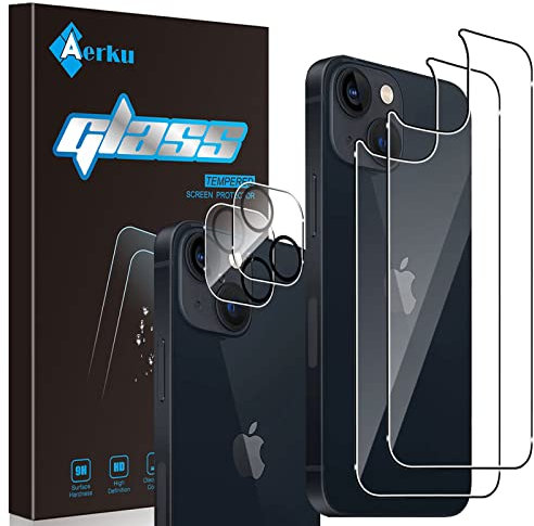 Aerku Cristal Templado Compatible con iPhone 13 6.1 Protector de Pantalla Trasera + Cámara Trasera Lente Protector de Pantalla, [2 + 2 Piezas] HD Sin Burbujas Vidrio Templado Cámara Protector