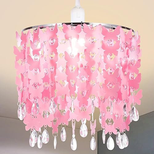 Butterfly Light Shade for Ceiling Pendant Light, Dreamy Lightshade with Crystal Beads, Easy Fit Lampshade with Star Light Effect for Girl’s Bedroom Decoration, Diameter 30cm, Pink