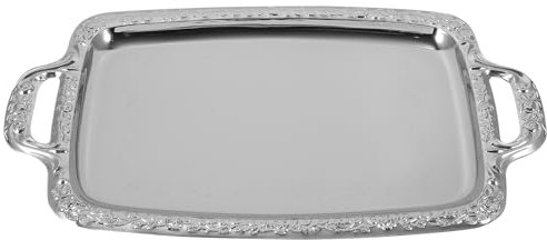 YARNOW Large Silver Metal Serving Tray with Handles, 39 x 23 cm, Decorative Food Platter for Parties, Home, Restaurants, and Coffee Shops