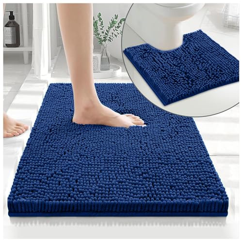GC GAVENO CAVAILIA Soft Bath Mat Sets For Bathroom | 2 Piece Bath Mat Non Slip Back | Highly Water Absorbent & Fast Drying 100% Microfiber Chenille Toilet Rug with Pedestal Mat | Royal Blue