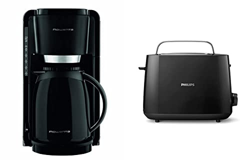 Rowenta CT3808 Filter- Kaffeemaschine Adagio Milano|Mit Kunststoff-Thermokanne|8-12 Tassen|Automatische Abschaltung|Schwarz & Philips HD2581/90 Toaster, Brötchenaufsatz, 8 Bräunungsstufen, schwarz