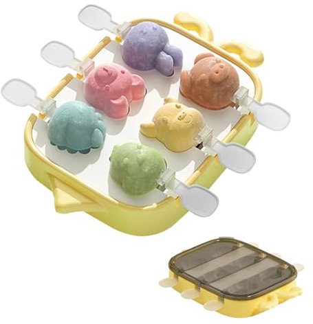 DeryArcle Animaux Moule à Crème Glacée Silicone,Réutilisables Moules Glace Maison Popsicle avec Batonnet,Moule à glace with Plastic Sticks,Ice Pop pour la Crème Glacée DIY(jaune animaux)