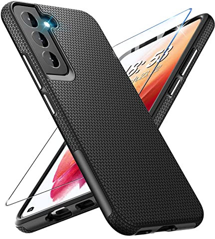Handyhülle für Samsung Galaxy S21 Hülle mit Panzerglas Schutzfolie, Stoßfest Kratzfestigkeit rutschfest Schutzhülle Schwer Silikon Armor Galaxy S21 5G Hülle (Schwarz)
