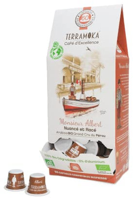 TERRAMOKA 60 Capsules Café Bio d’excellence 100% Pur Arabica du Pérou - Compatible avec les machines à Capsules Nespresso - Fruité, nuancé et racé - Zéro Déchet - Mr Albert - Torréfié en France